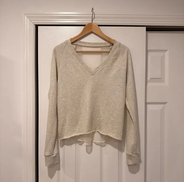 Haute Hippie V-Neck Sweatshirt Size XS Sheer Back Panel Raw Hem