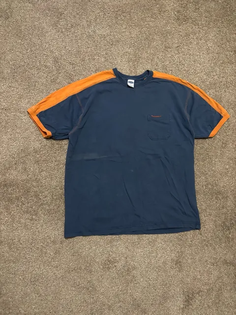 1990s Early 2000s Faded Old Navy Pocket T-Shirt Size XL Blue Orange Contrast Ringer