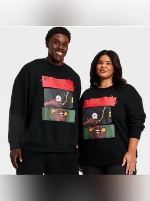 Black Crewneck Sweater with Red, Green & Yellow Graphic Panel XL