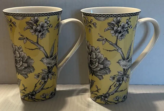 Tall Latte Mug Set Yellow Black Floral Birds