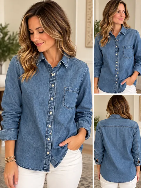 Talbots Women’s Medium Chambray Denim Button Front Shirt 100% Cotton