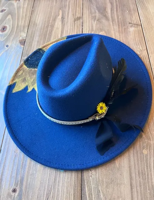 Indiana Designer Navy Blue Rancher Hat Hand Painted Sunflower