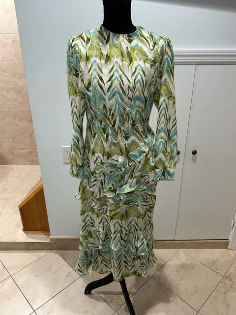Eshet Chayil Long Sleeve Maxi Dress Size S Green Blue Abstract Print Ruffle