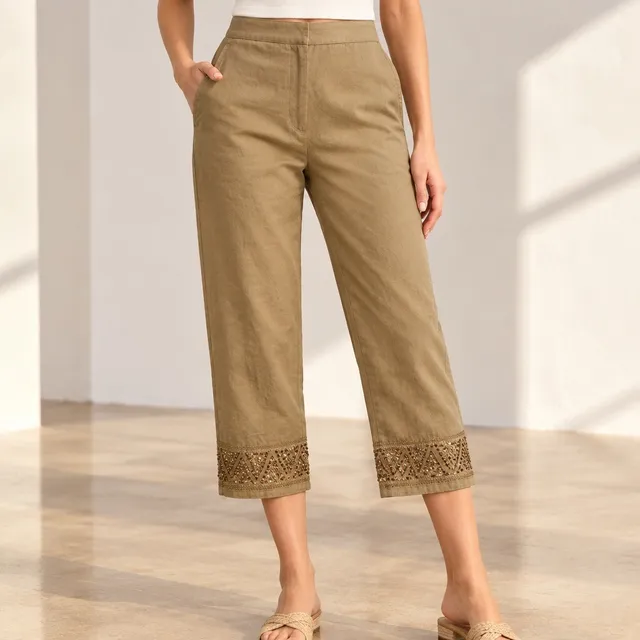 Petite Sophisticate Cropped Pants Size 8 Khaki Beaded Hem Cotton