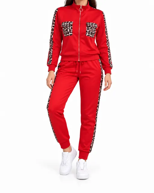 Lironmei Tracksuit Set Red Leopard Print Two Piece