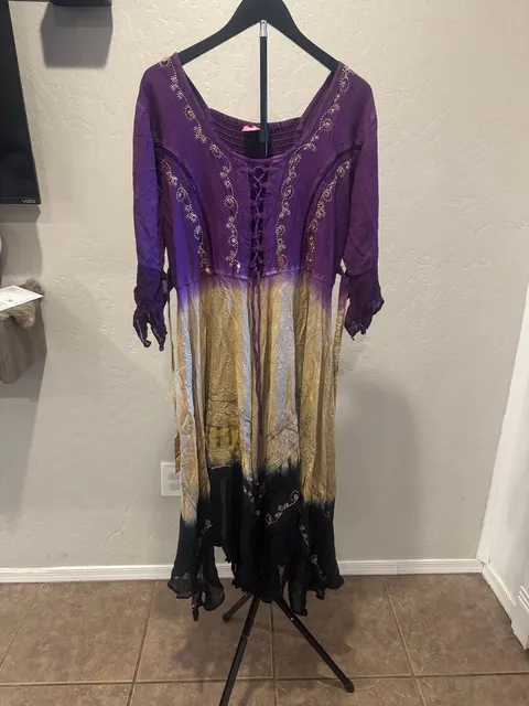 Boho Embroidered Tie-Front Dress Festival Medieval Renaissance Free Size 