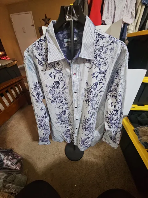 Johnston & Murphy Button Down Shirt Size XL Blue Floral Stripe Slim Fit