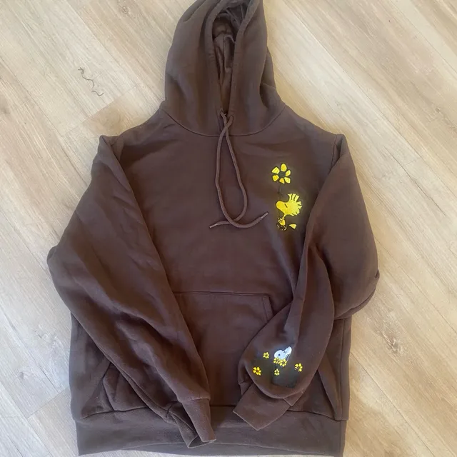 Peanuts Snoopy Hoodie Size L Brown Woodstock Flowers Rise & Shine