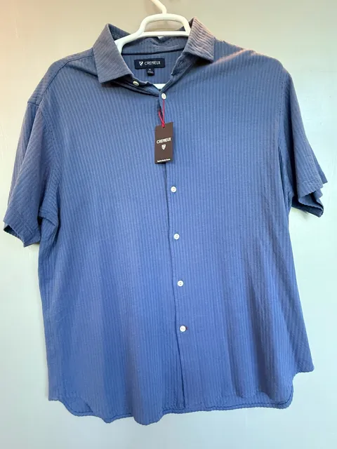 Cremieux Button-Up Shirt XL Blue Textured Short Sleeve Cotton Casual Top
