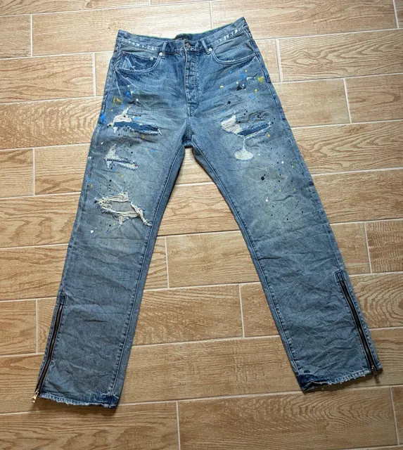 Purple Brand P011 Jeans Mens 36 Paint Splatter Distressed Straight Leg Ankle Zip