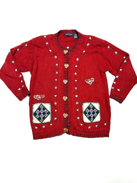 Vintage Eagle's Eye Women's Cardigan Size 1X Grandmacore Cottagecore Coquette Americana Heritage Red Embroidered Floral Hearts Wooden Heart Buttons Cable Knit Patchwork Pockets Ramie Cotton Vintage