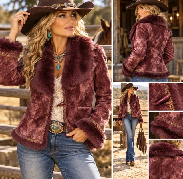 Pretty Angel Women’s M Burgundy Faux Fur Jacket Y2K Boho Western NWOT
