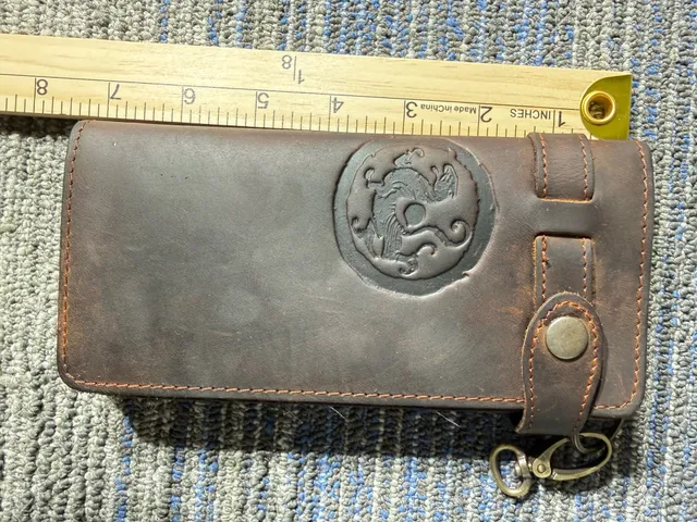 Vintage Tooled Leather Bifold Long Wallet Brown Dragon