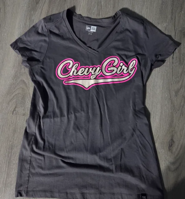 New Era Chevy Girl V-Neck T-Shirt Size M Gray Pink Glitter Graphic Tee