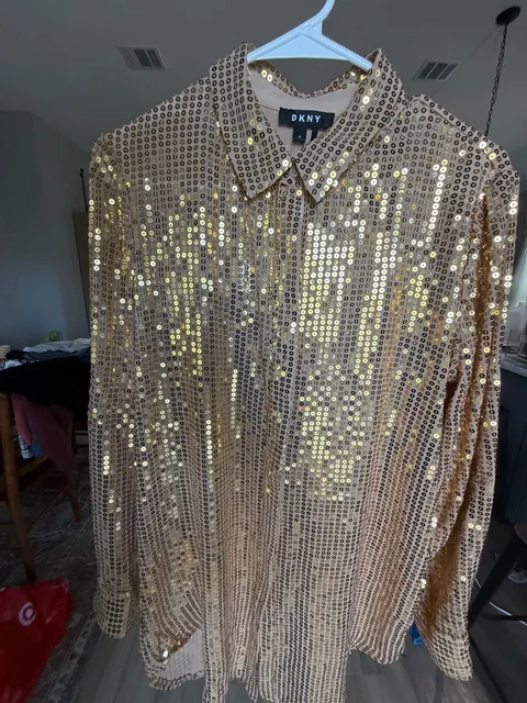 DKNY Sequin Button-Down Shirt Size S Gold Long Sleeve Top