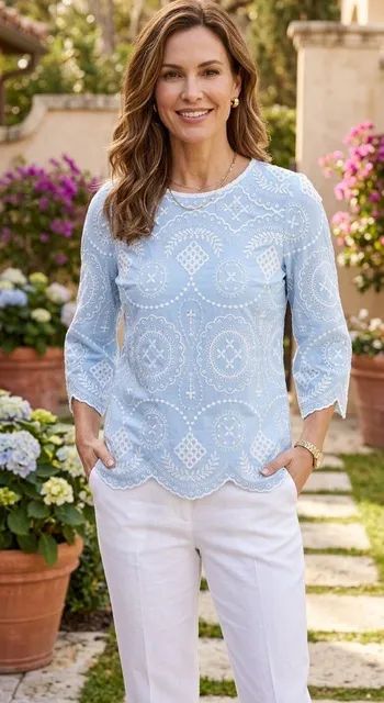 Jude Connally Blouse Blue White Eyelet Embroidered Top Sz XS