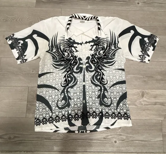 Vintage Y2K Tribal Dragon Button Up Shirt Black White