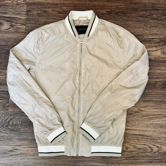Zara Man Bomber Jacket Beige Lightweight Full Zip Size S