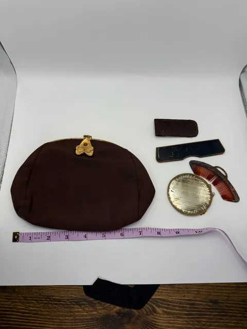 Vintage Art Deco Brown Fabric Clutch Handbag With Compact Set
