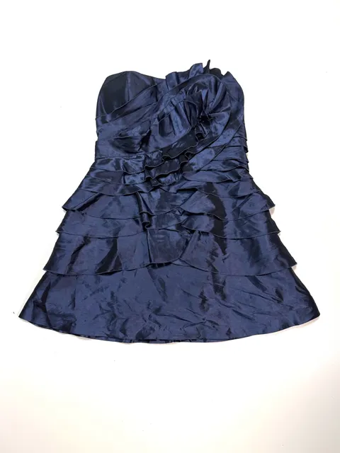 BCBGeneration Women's Size 12 Quiet Luxury Old Money Coquette Y2K Balletcore Strapless Tiered Rosette Mini Dress Navy Taffeta Cocktail Party Prom Sweetheart Ruffle Fit and Flare Back Zip Lined Boned
