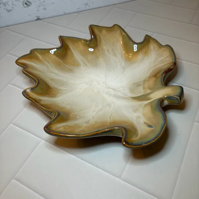 Ceramic Leaf Shaped Serving Bowl Dish Brown Beige Glaze