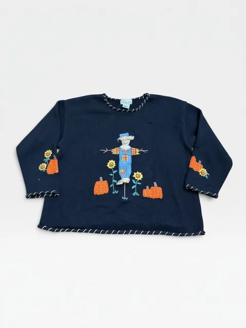 A Day In The Life Embroidered Scarecrow Fall Pumpkin Sweater Navy Blue