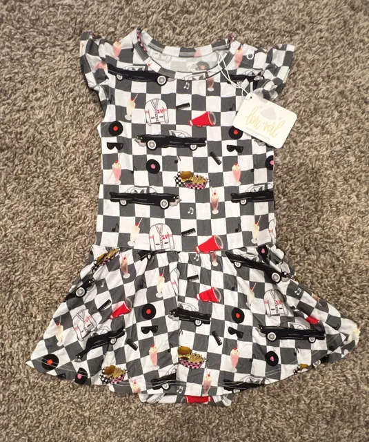 Lori + Val bamboo Bodysuit Dress Size 18-24 M Checkered Retro Car Print