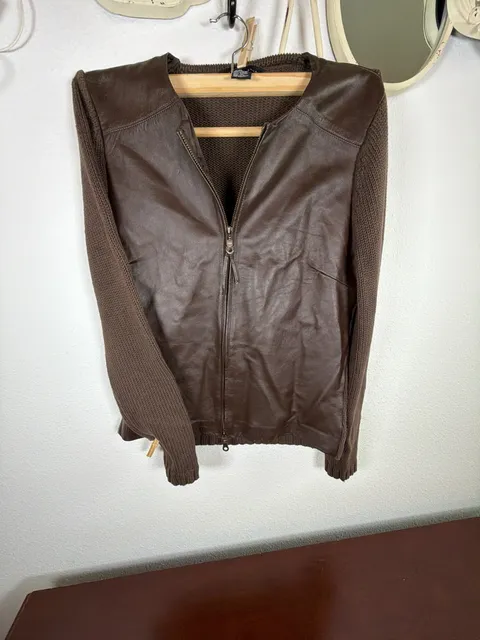 Maurice Sasson Leather Knit Sweater Jacket Size S Brown Full Zip