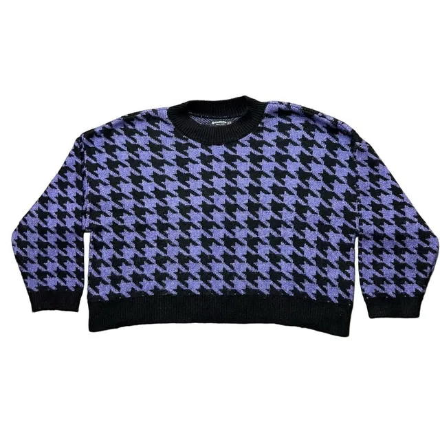 Stradivarius Houndstooth Crewneck Sweater Size s Purple Black Knit Sweatshirt