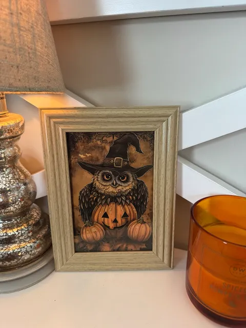 Halloween Witch Owl and Pumpkins Framed Art