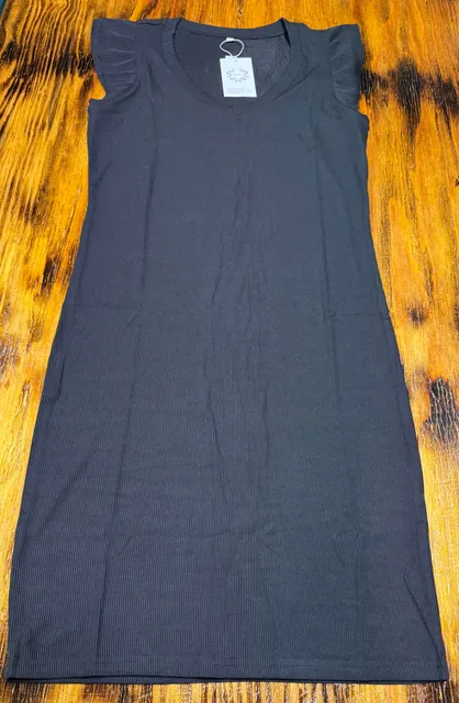 Thanks Ruffled V-Neck Ribbed Dress Size L Black