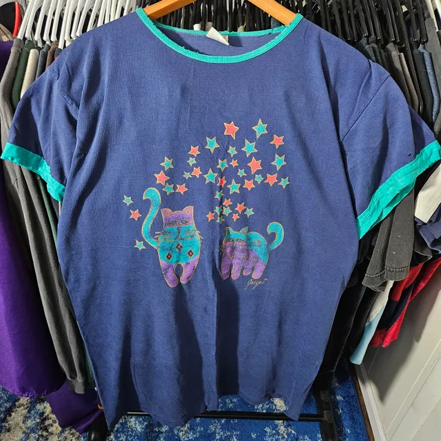 80s Vintage Ringer T-Shirt Whimsigoth Celestial Cat Graphic Blue Distressed M