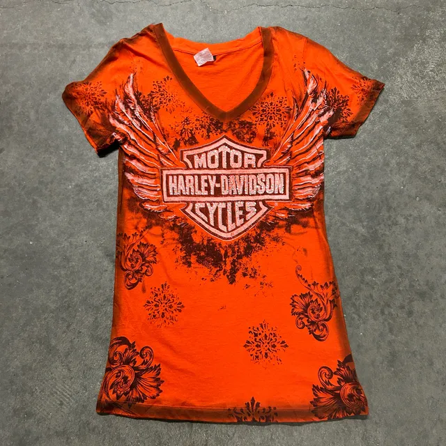 Harley Davidson S Orange V Neck T Shirt Winged Logo Rhinestone Biker Moto
