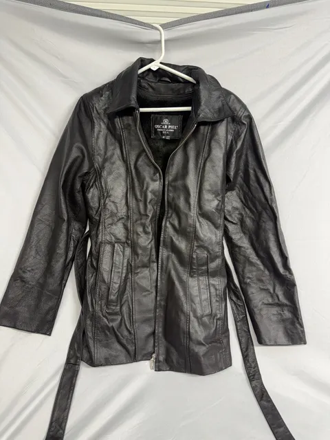 Vintage Oscar Piel Leather Jacket Size M Black Faux Fur Lined Belted Coat