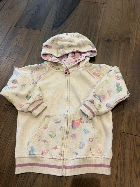 Disney Princess Full Zip Hoodie Size 6 Cream Glitter Castle