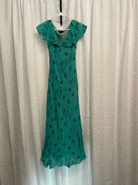 Vintage Majick Green Floral Ruffle Flutter Sleeve Rayon Maxi Dress Whimsigoth