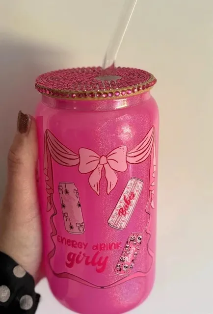 ‘Energy drink girly’ 16 oz pink glass tumbler