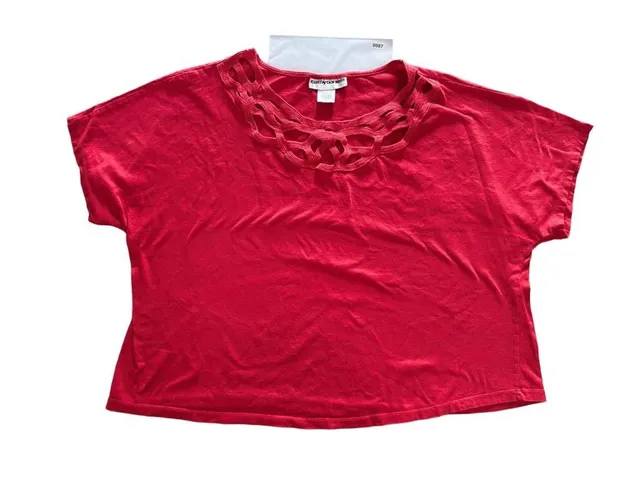 Cathy Daniels Top Size XL Red Short Sleeve Cotton Cutout Neckline