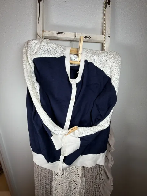 Crown & Ivy Cardigan Size XL Navy Blue White Lace Accent Sweater