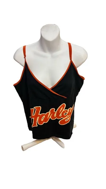 Harley Davidson Cami Tank Top Size L Black Orange Graphic 2005