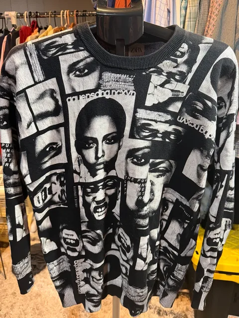 Zara Collage Face Print Knit Sweater Size M Black White