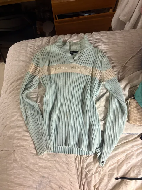 Tommy Hilfiger Ribbed Sweater Size M Light Blue Snap Mock Neck