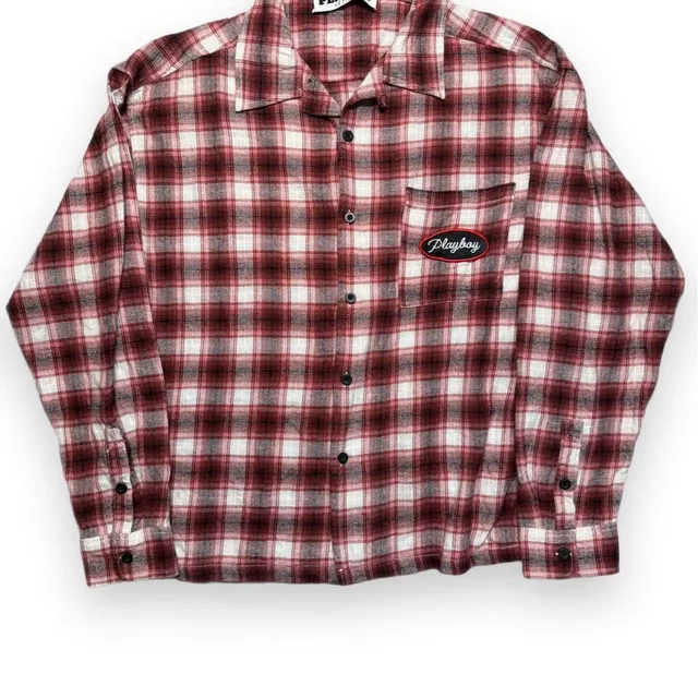 Playboy Plaid Flannel Shirt Size L Red White Embroidered Patch