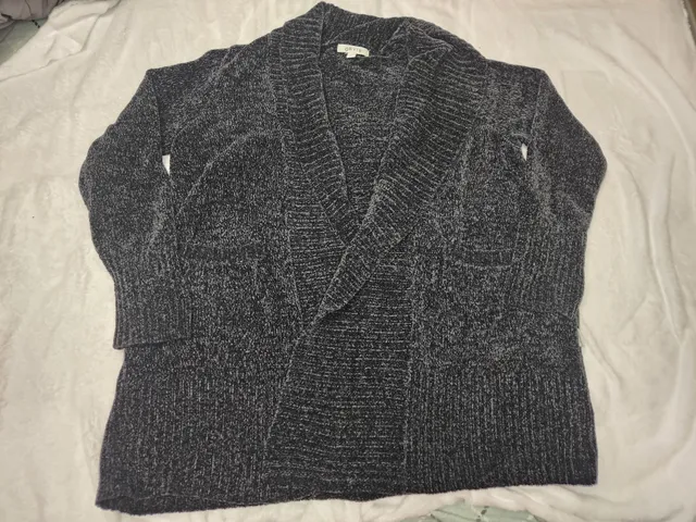 Orvis Chenille Cardigan Sweater Size L Black Gray Open Front