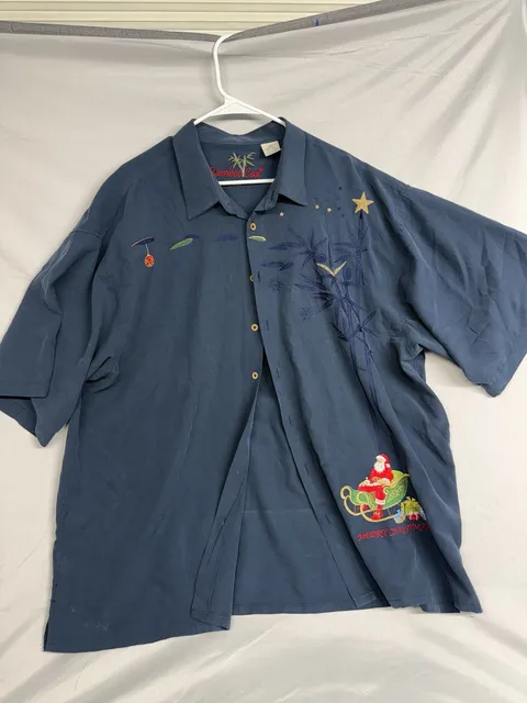 Bamboo Cay Christmas Shirt Size 3XL Blue Embroidered Santa Sleigh Camp