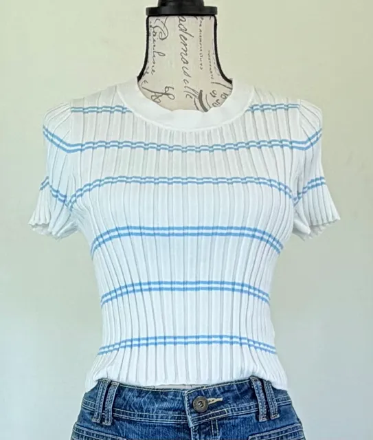Happily Grey Women’s Ribbed Striped Short Sleeve Sweater White Blue Large
