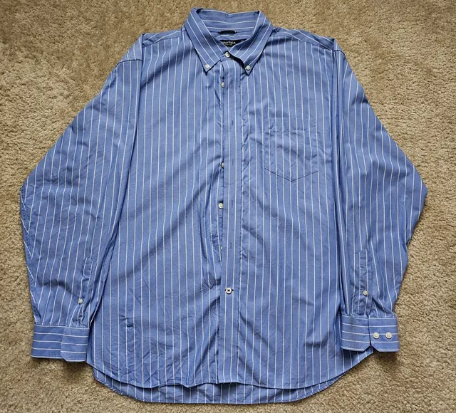 Nautica Mens XXL Blue White Stripe Long Sleeve Button Down Shirt 100% Cotton