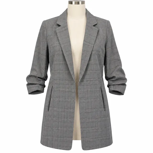Anthropologie Maison d’Amélie XS Gray Plaid Longline Blazer Ruched Sleeve