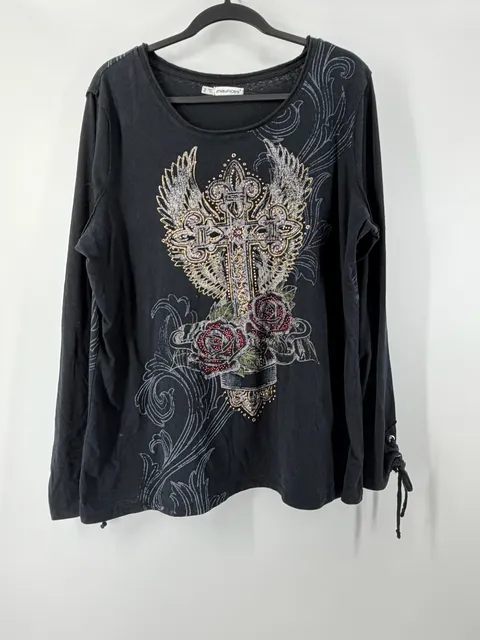 Maurices Size 2 Black Cross Rose Graphic Top Gothic Western Y2K