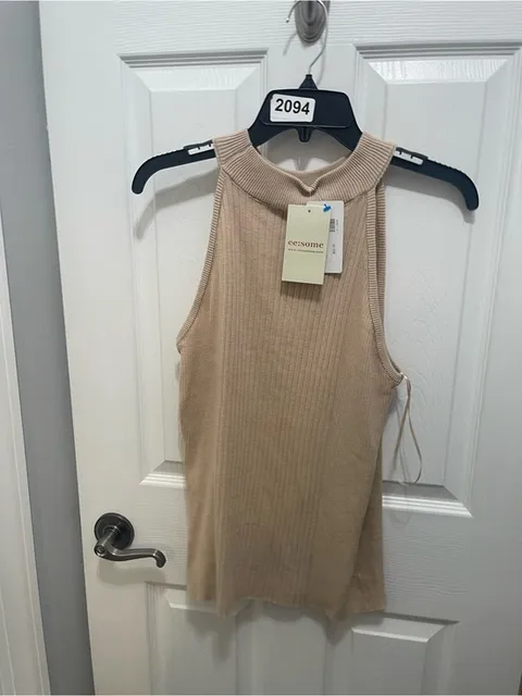 eesome Sleeveless Ribbed Cowl-Neck Tank in Beige